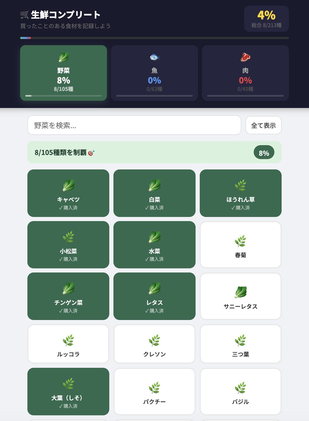 食材を記録してコンプリート率が表示された画面